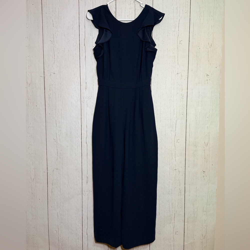 J. Crew Navy Blue Sleeveless Ruffle Open Back Cropped Ankle Jumpsuit Size 2